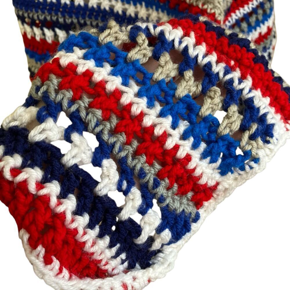 Handmade Boho Chunky Open Knit Crochet Poncho Patriotic Colors Textured OS - Picture 15 of 16